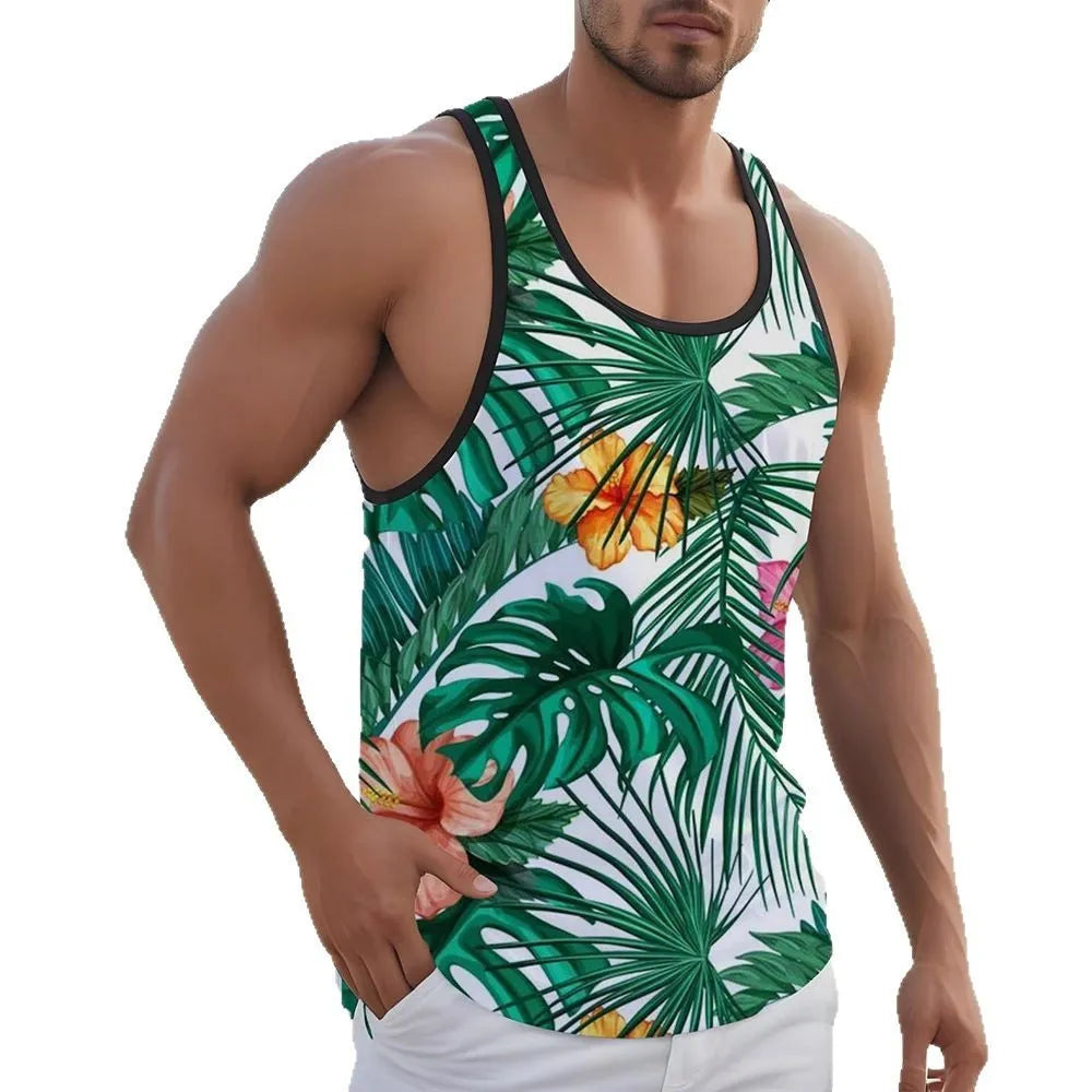 Men's 3D printed Hawaiian-style sleeveless vest in solid colour polyester pinhole cloth