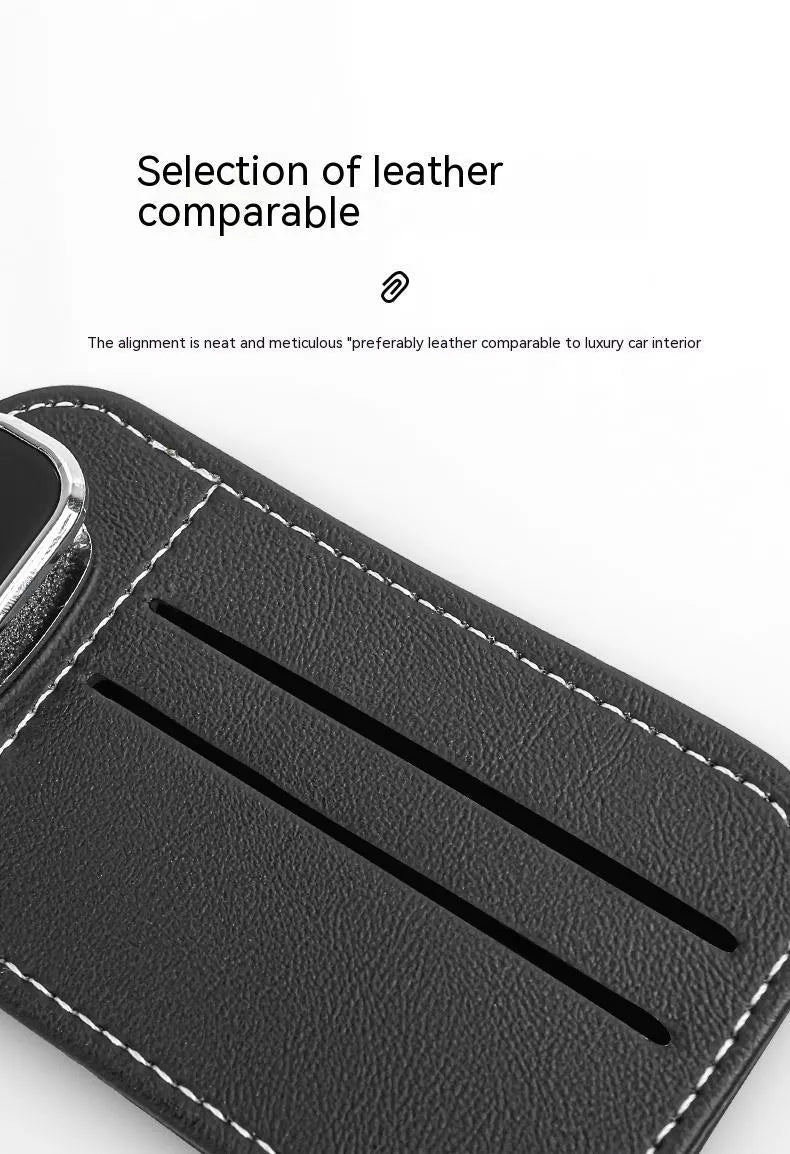 Genuine leather automotive sun visor card holder with sunglasses clip in snap-on installation