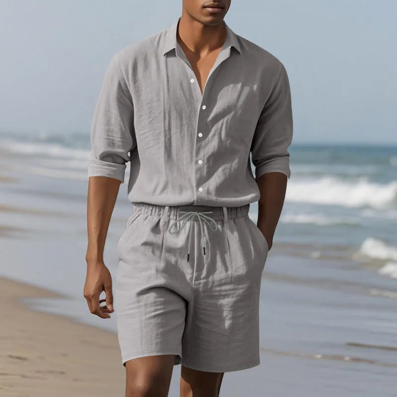 Linen beach suit set showing long sleeve shirt and matching shorts in light blue colour
