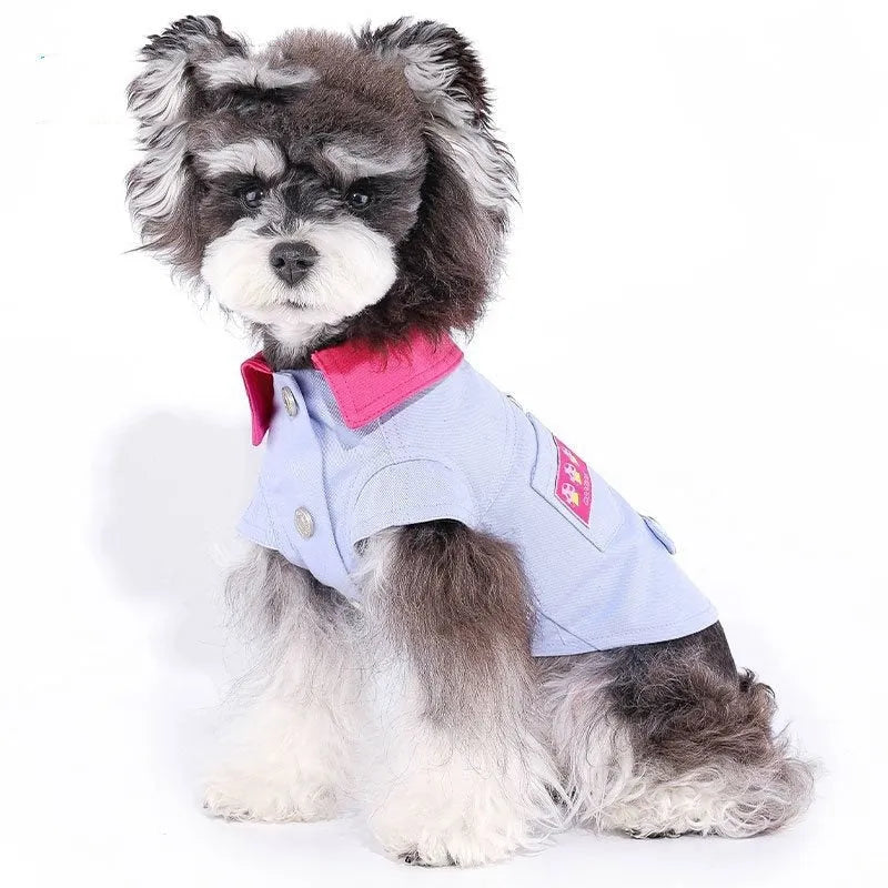 Blue summer dog vest with traction ring on small dog showing lightweight polyester construction
