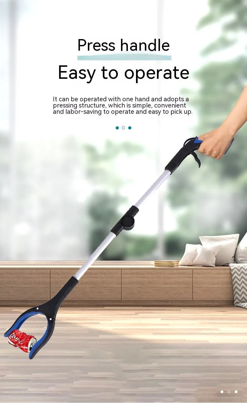 Foldable aluminium garbage pick-up clamp shown extended and collapsed, with magnetic sucker and coloured handle options.