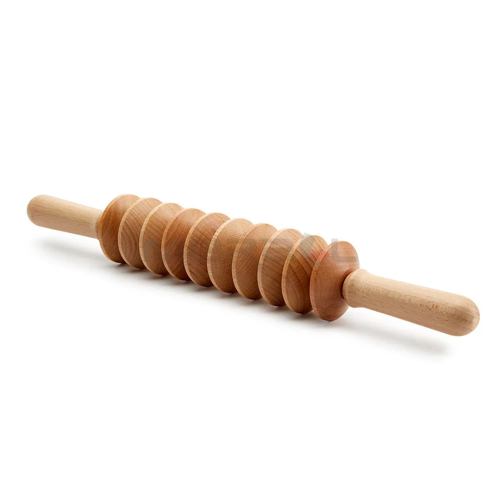 Natural beech wood massage roller set showing T-shaped, straight and curved wheel rollers on a table.