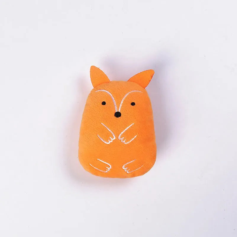 Small plush cat toy with catnip for teeth grinding and chewing play, measuring 11cm long in various animal designs and colours