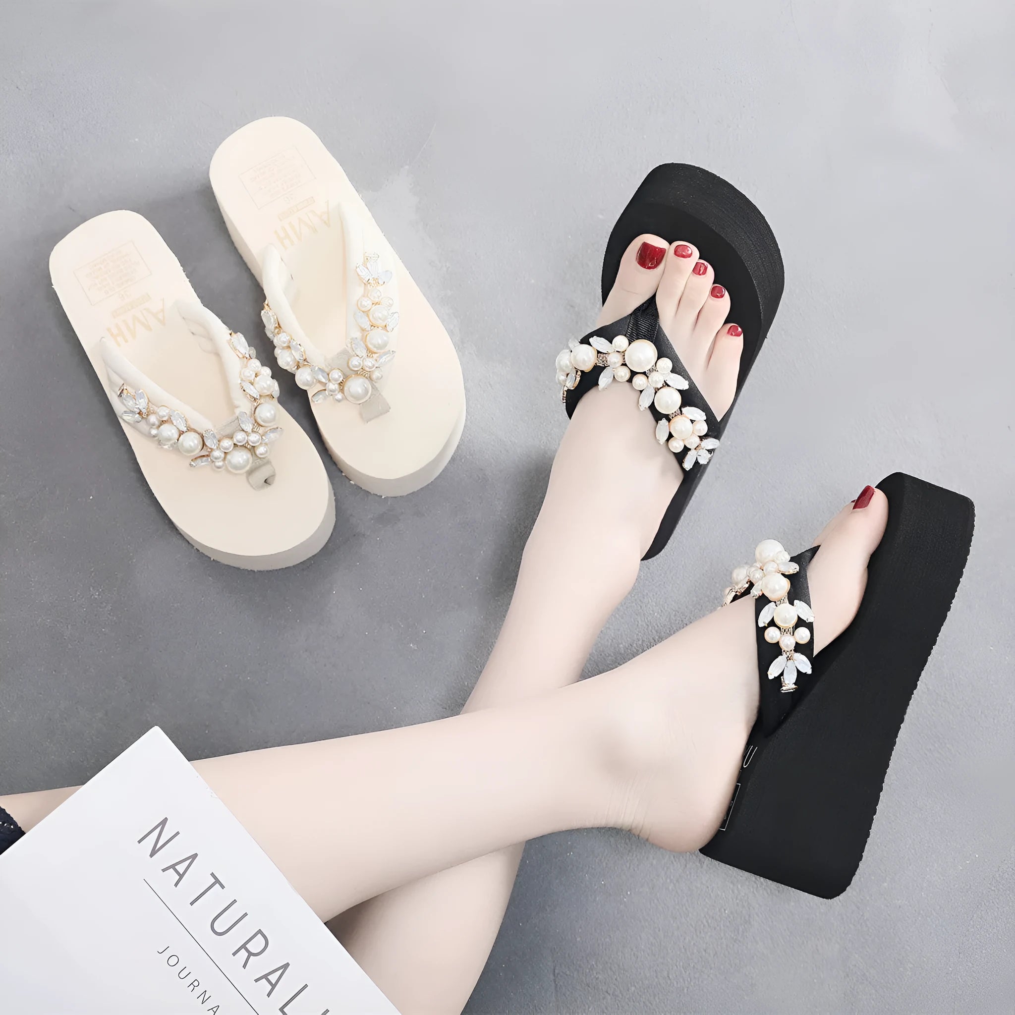 Women's black wedge-heel flip-flops with cotton cloth upper and toe strap