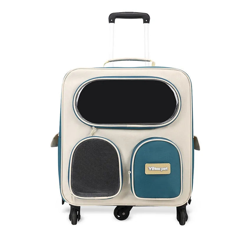 Foldable nylon pet trolley bag with pull rod, medium hard body, 18 capacity, solid colour