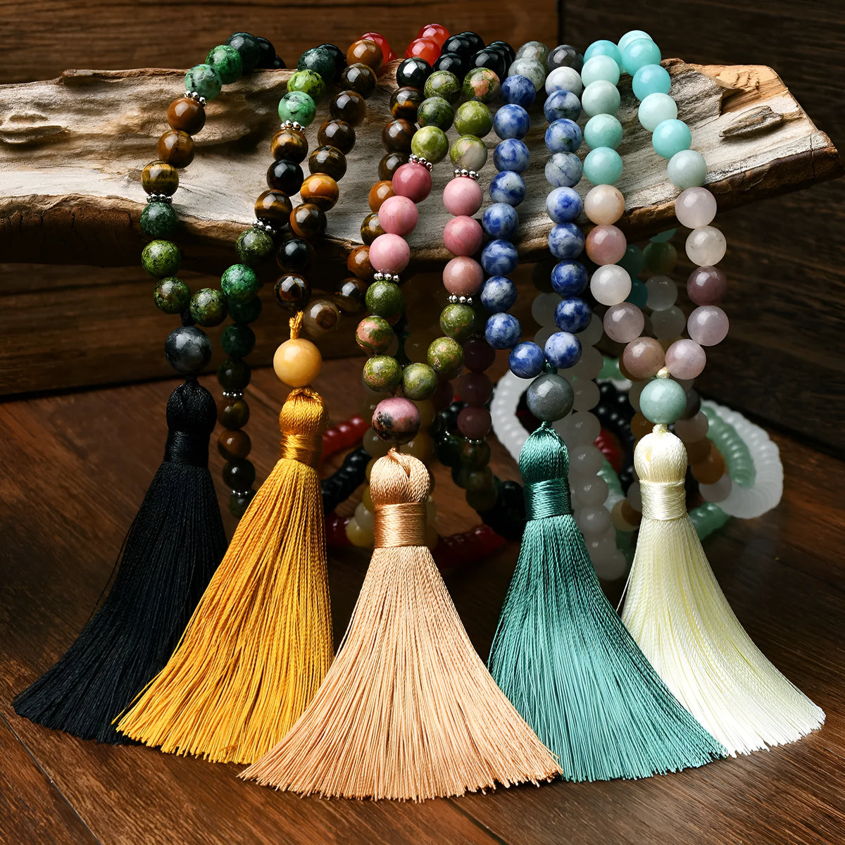 Long natural stone tassel necklace with 108 beads and mixed gem pendant