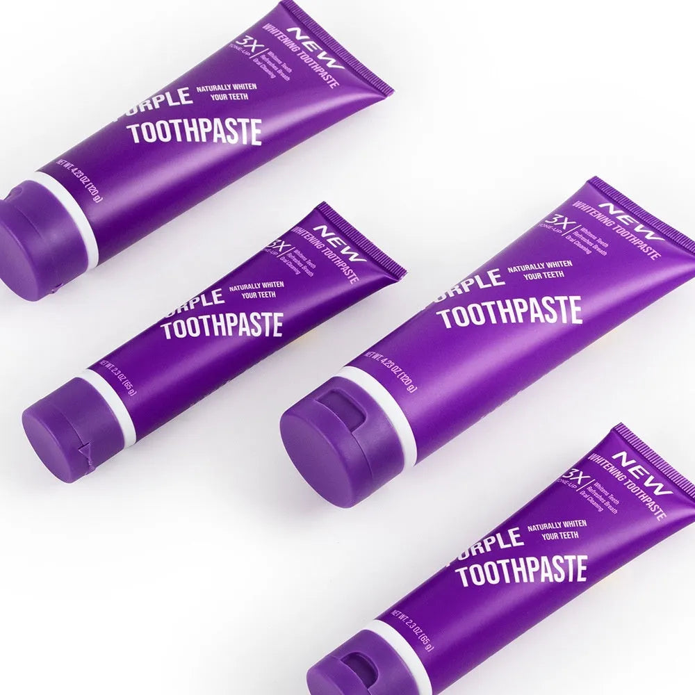 Purple whitening toothpaste tube for adults in 120g and 65g sizes to remove yellow stains