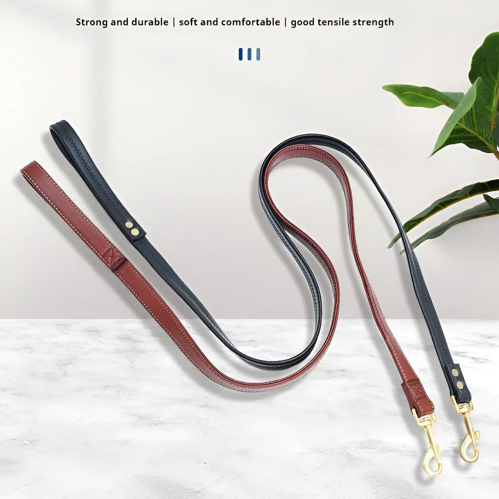 Black PU leather pet traction belt with metal clasps and adjustable length