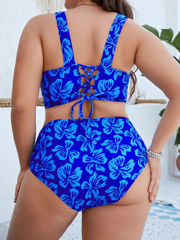 Blue floral print plus size bikini swimsuit for women on mannequin