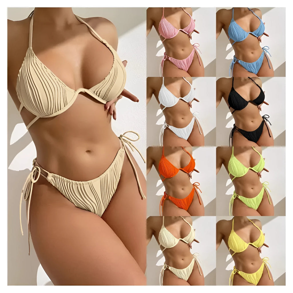 Women's steel bracket underwire bikini swimsuit in polyester fabric with nine colour options