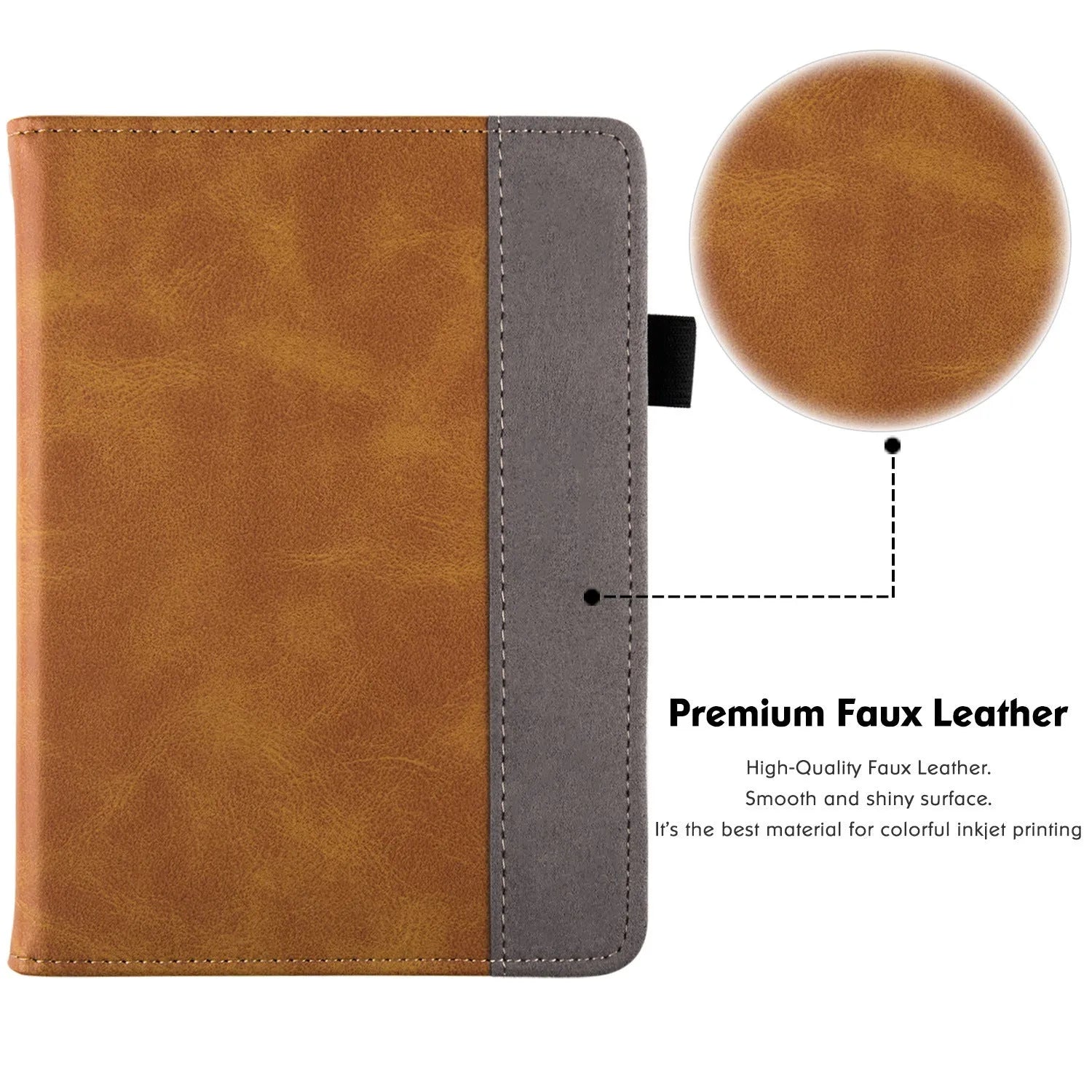 Kindle Paperwhite leather case with wrist splint bracket attached, showing calf leather exterior and microfiber interior