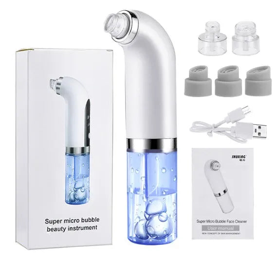Rechargeable blackhead remover vacuum with six replaceable probes, five suction levels, white colour, and USB charger.