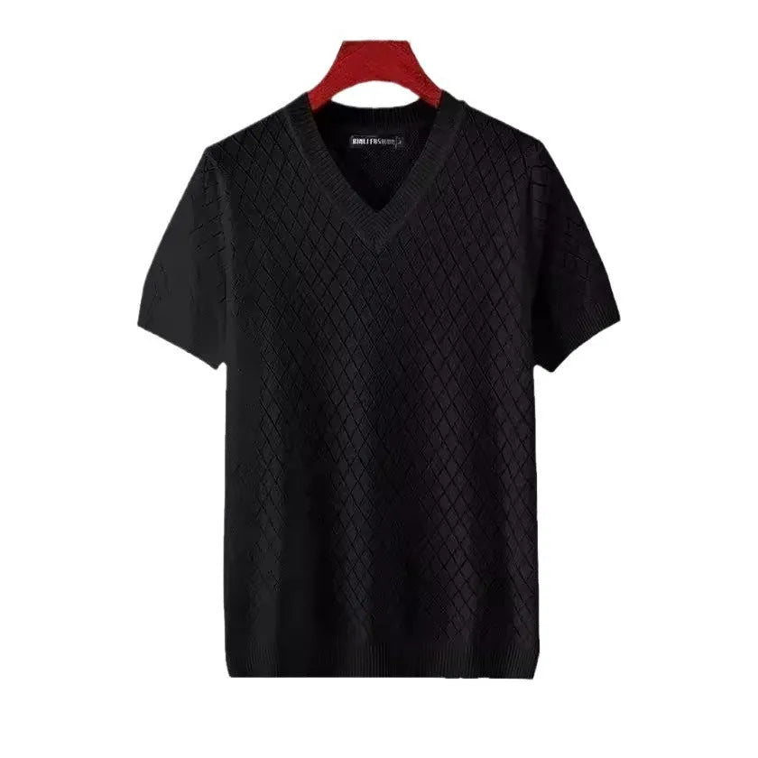 Men's ice silk V-neck summer top in black and white colour options