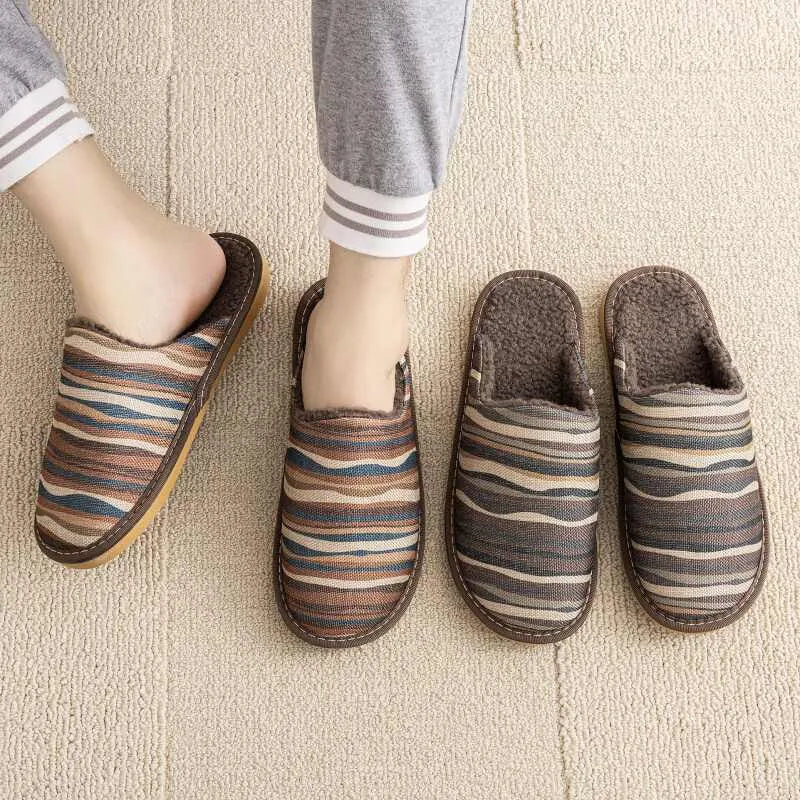Cotton household slippers with linen surface, PVC sole, available in six colour patterns including floral designs
