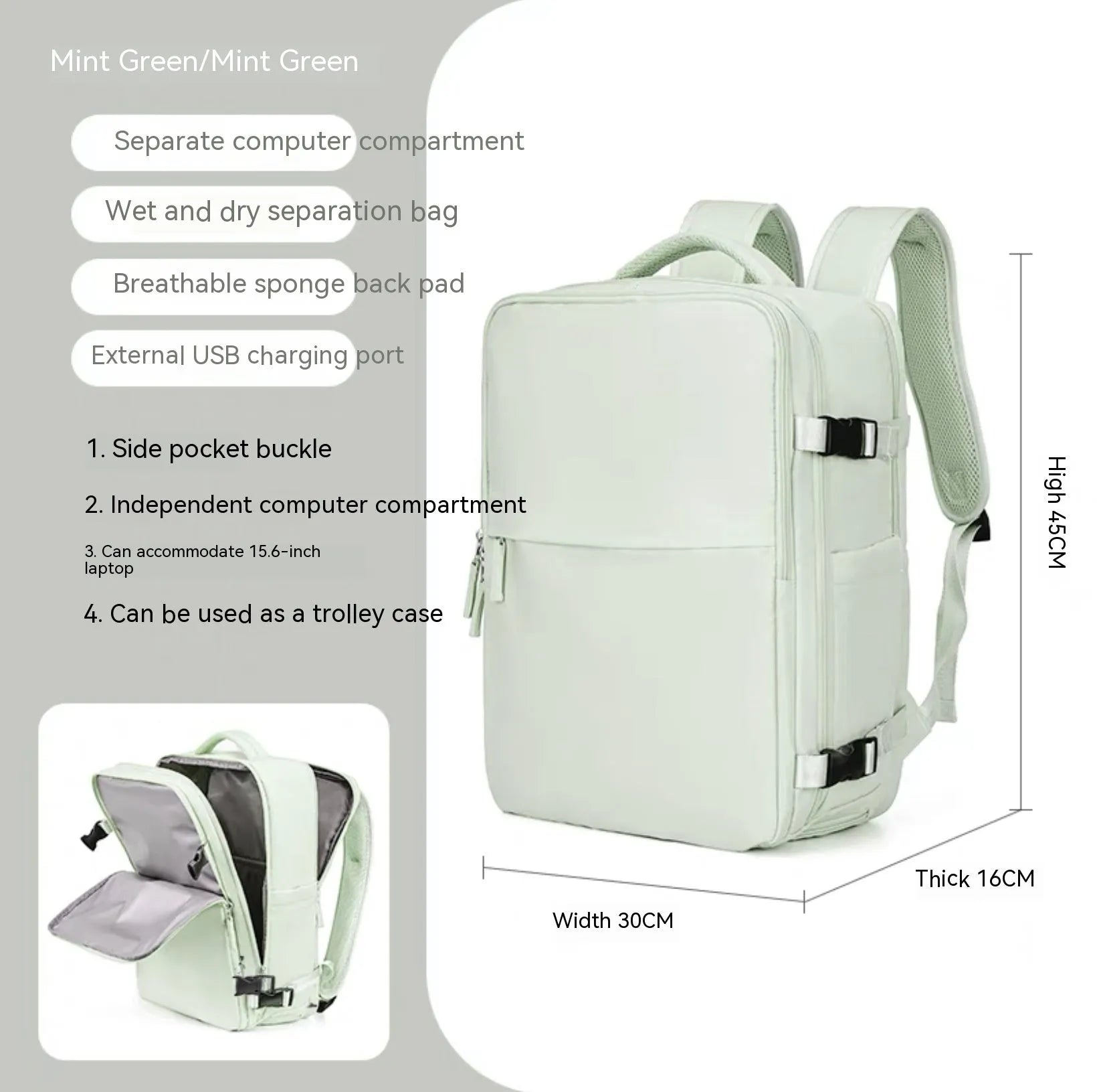 Large capacity waterproof mummy backpack in nylon available in multiple colours including black, mint green, pink, and light blue