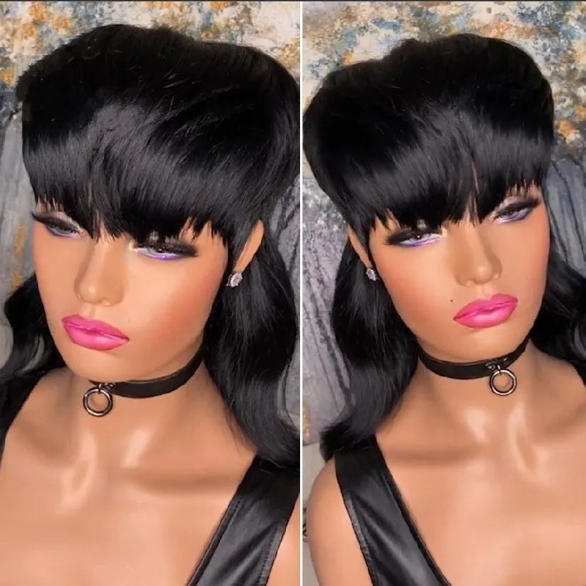 Black synthetic Brazilian-style wig with front bangs and long, layered back hair.