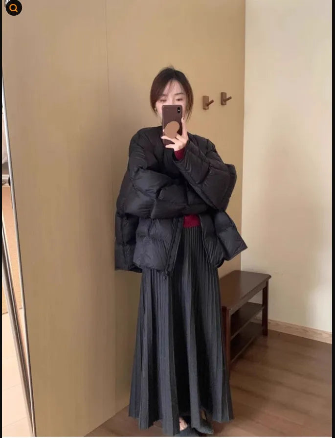 Dark grey knitted long dress suit set with sweater, skirt, and 3D ethnic pattern.