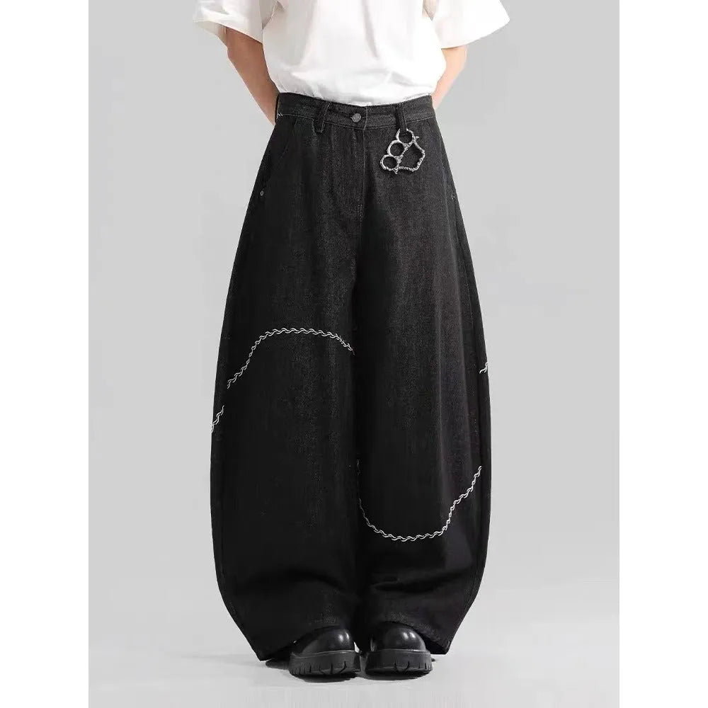 Black straight-leg trousers with mid waist and zip placket closure in polyester denim fabric