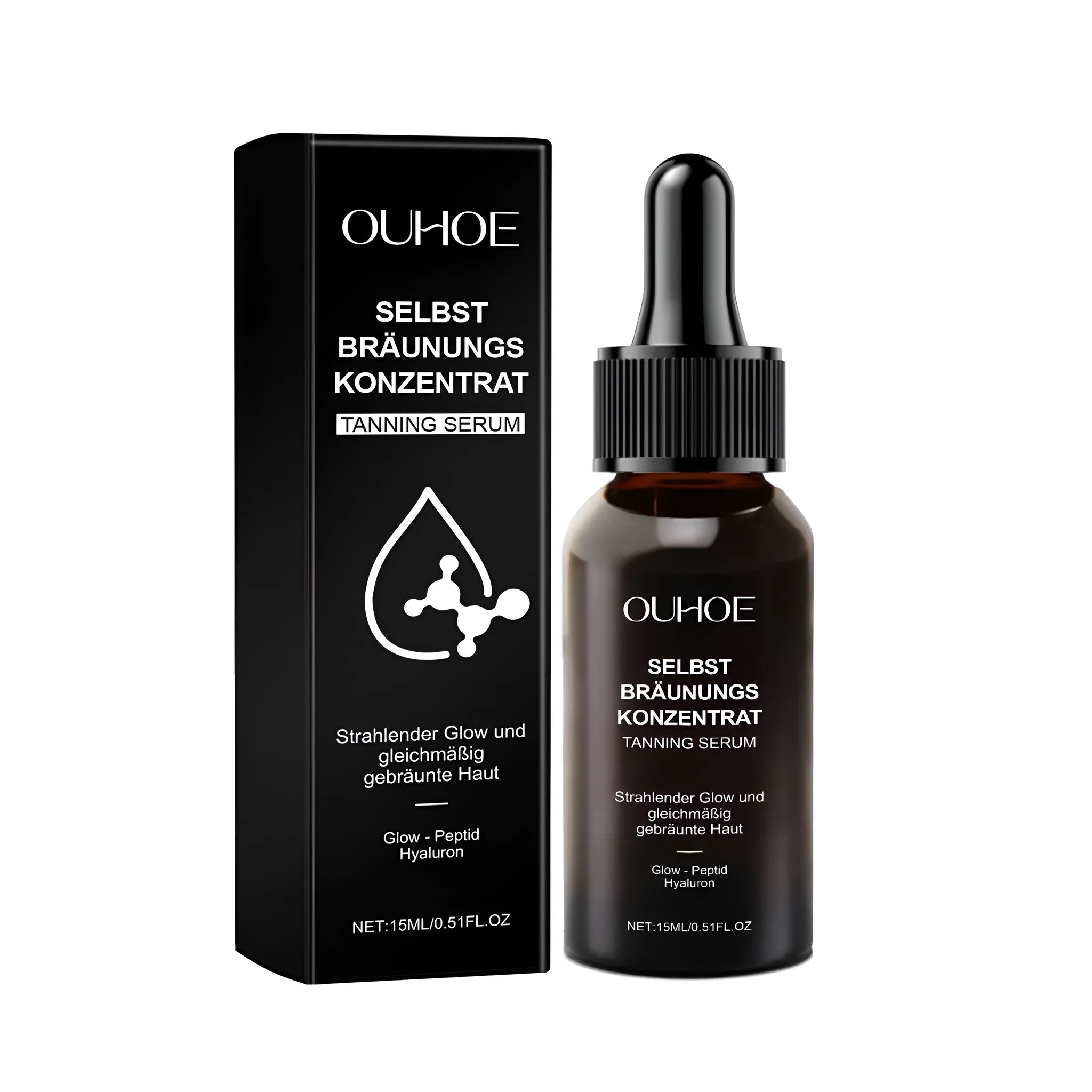 A 15ml bottle of tanning liquid containing hyaluronic acid and oligopeptide-1.