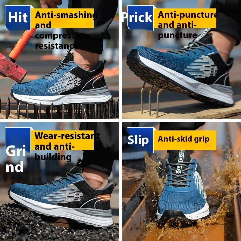 Blue men's safety work shoes with plastic toe cap and breathable flyknit mesh upper