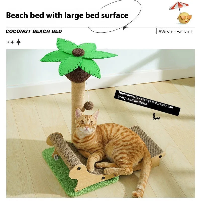 Wooden beach chair style cat climbing frame with integrated scratch board and hemp mat