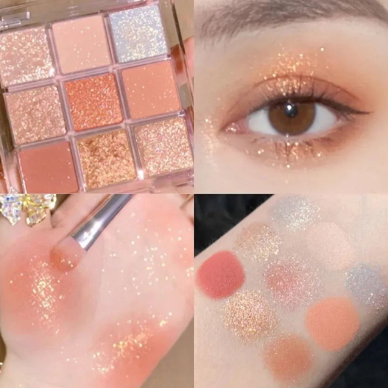 Nine colour eyeshadow palette in plastic case with sunset coral, red brown, cocoa and chocolate brown shades