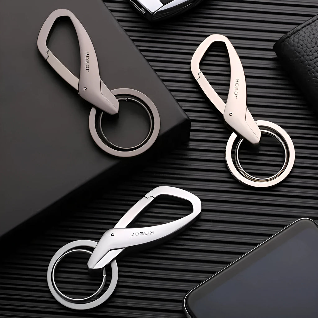 Zinc alloy double ring key chain for car keys in black, chrome, and nickel finishes