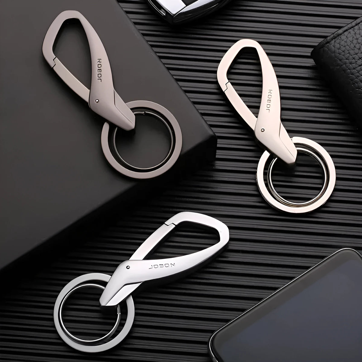 Zinc alloy double ring key chain for car keys in black, chrome, and nickel finishes