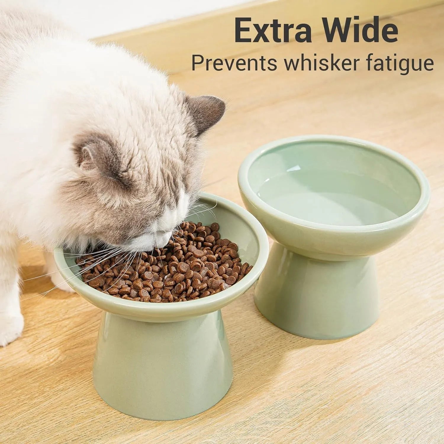 Ceramic elevated cat food and water bowls in blue, green, pink, and white colours