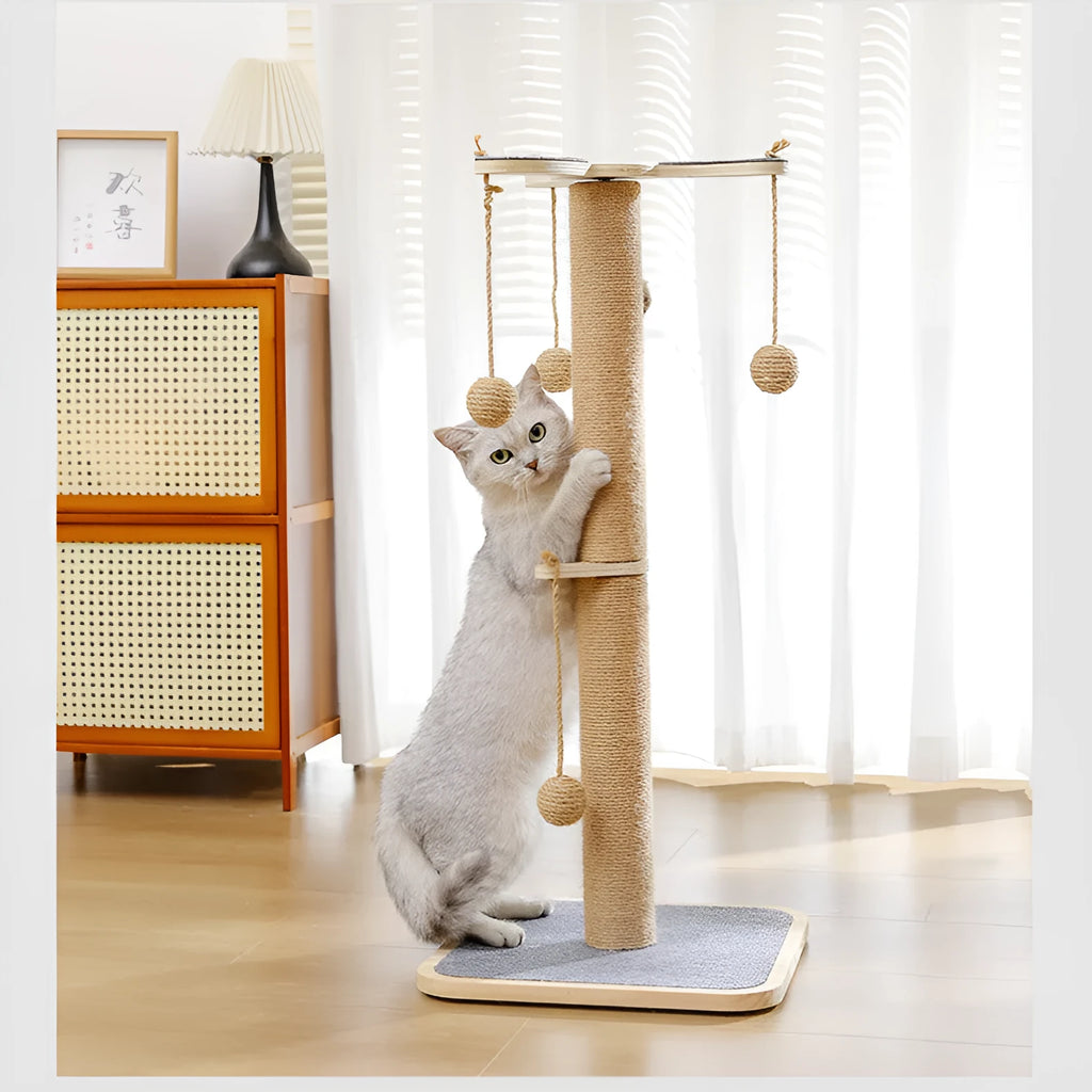Windmill-shaped cat climbing frame with hanging ball toy made from pine wood and carpet leather