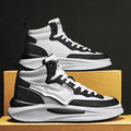 Men's black and white platform high-top board shoes with round toe and artificial PU leather upper
