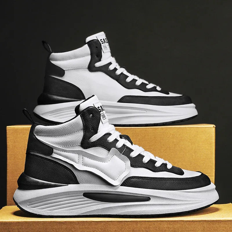 Men's black and white platform high-top board shoes with round toe and artificial PU leather upper