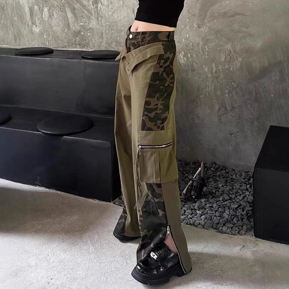 Dark khaki leopard print high waist jeans with fake two-stitching design on straight leg cotton denim trousers