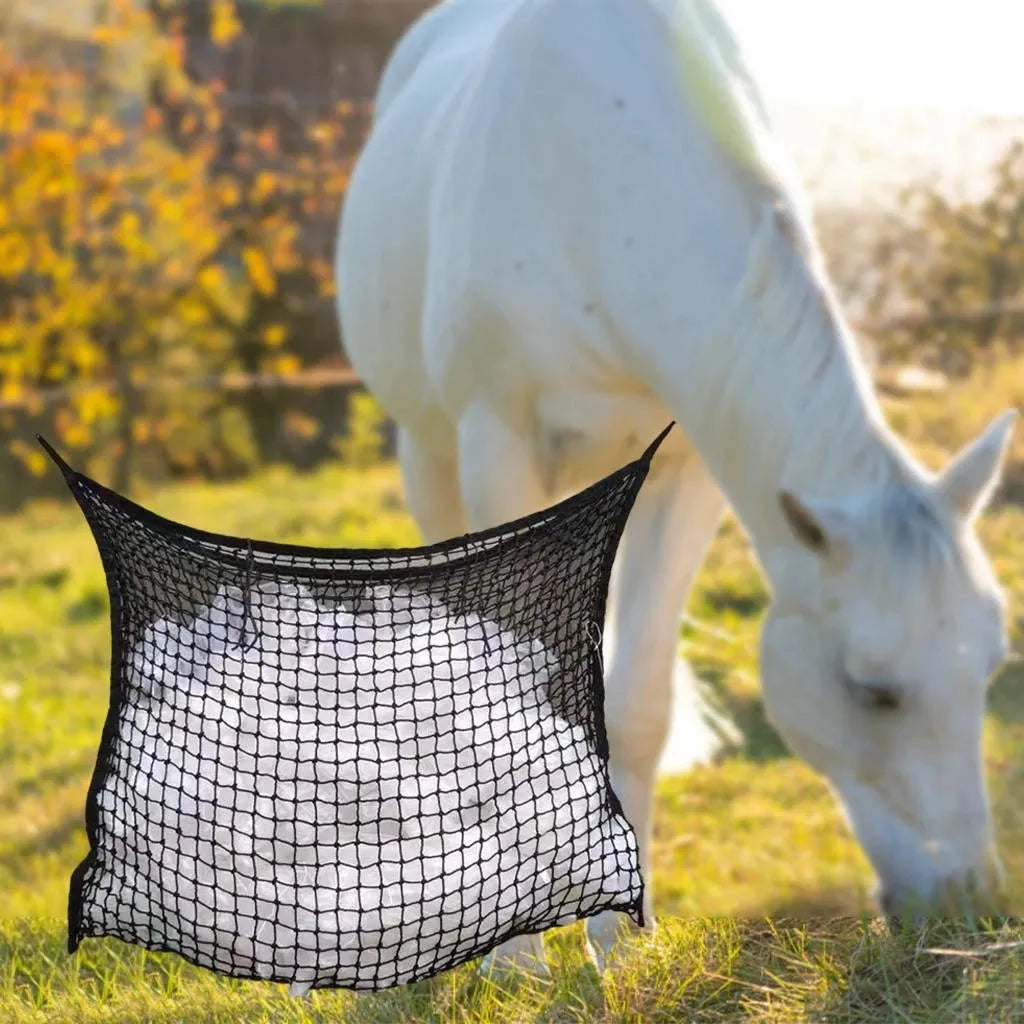 Black woven PE rope grid hanging feeding bag for horses and livestock.