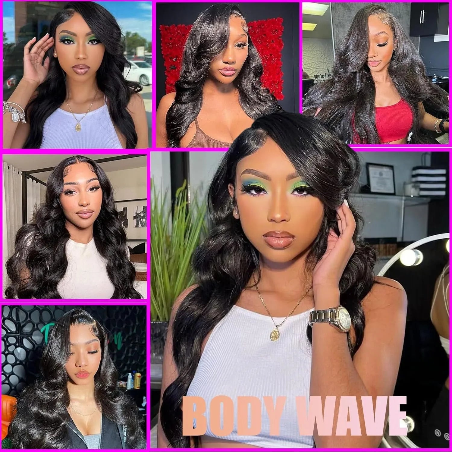 Black synthetic full-head wig with medium-long curly waves, shown on a model or wig stand.