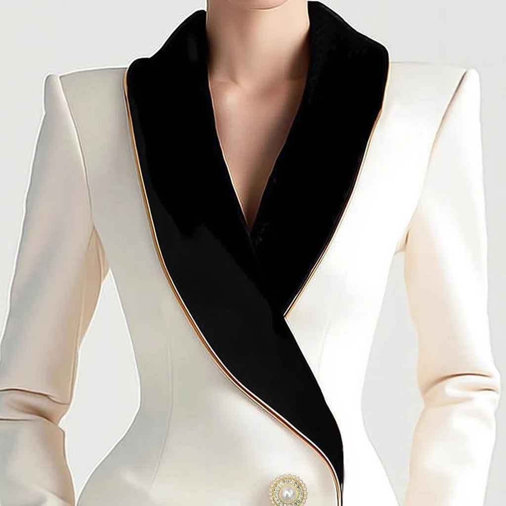 Milky white women's long sleeve coat with golden edge detailing and pearl buttons, irregular cut design