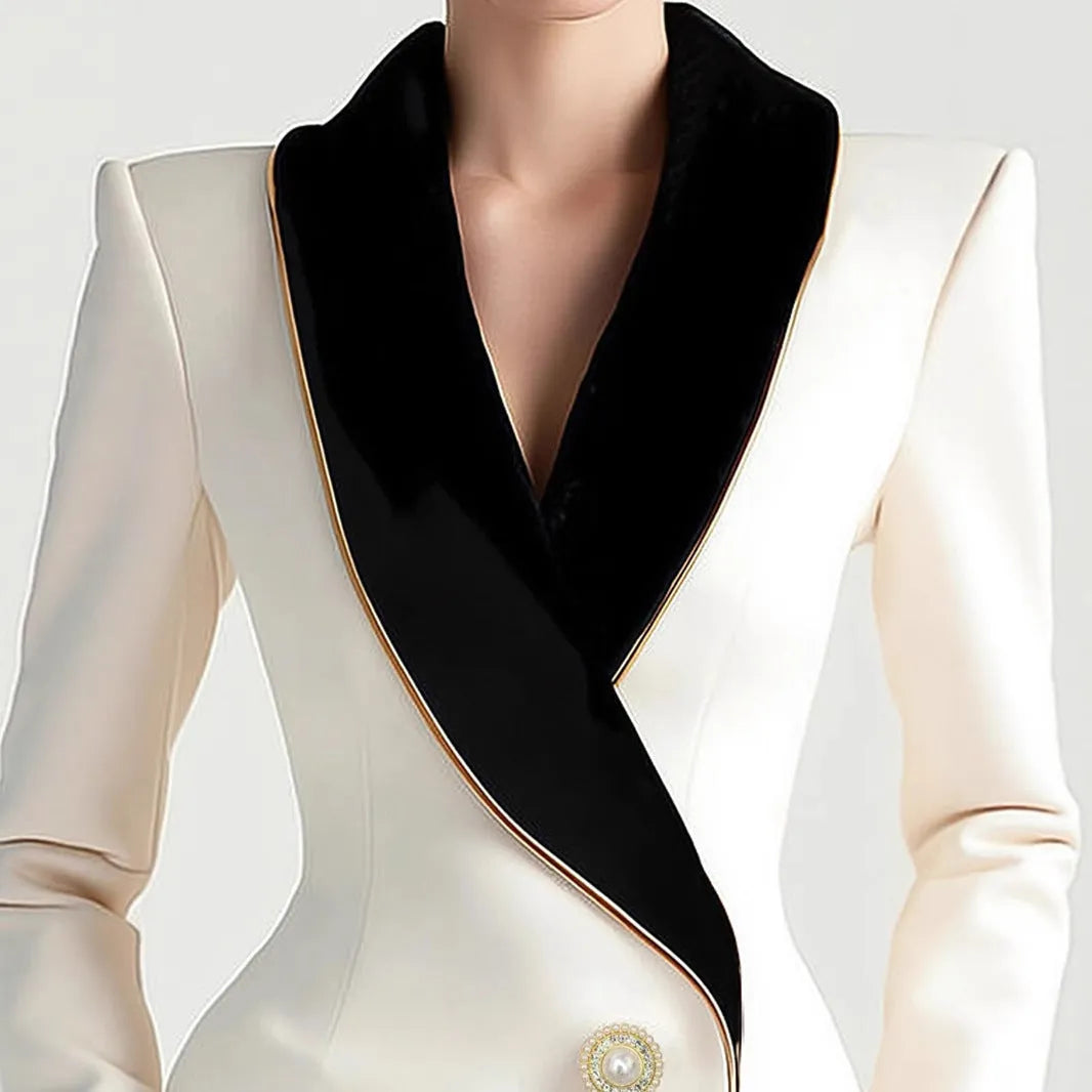 Milky white women's long sleeve coat with golden edge detailing and pearl buttons, irregular cut design