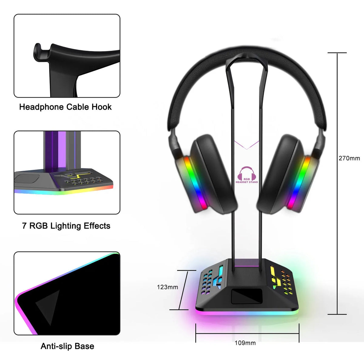 RGB headset bracket with dual USB ports and colour-changing LED lighting on a desk