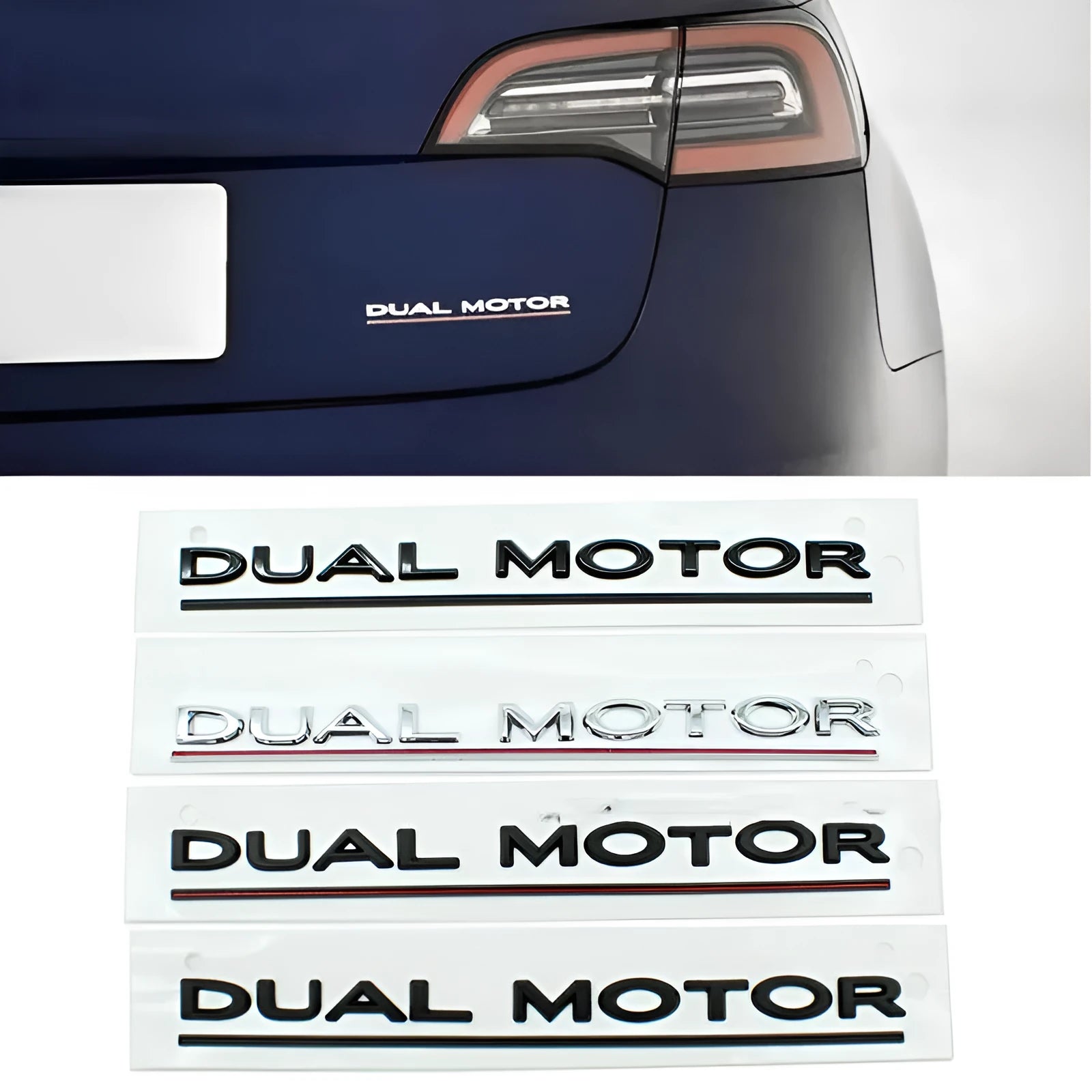 Tesla Model 3 double motor performance bumper sticker in ABS plastic, showing colour options