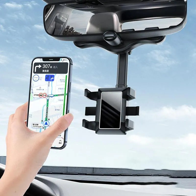 Black rearview mirror phone holder with telescopic arm and four-claw phone grip mounted on a car mirror