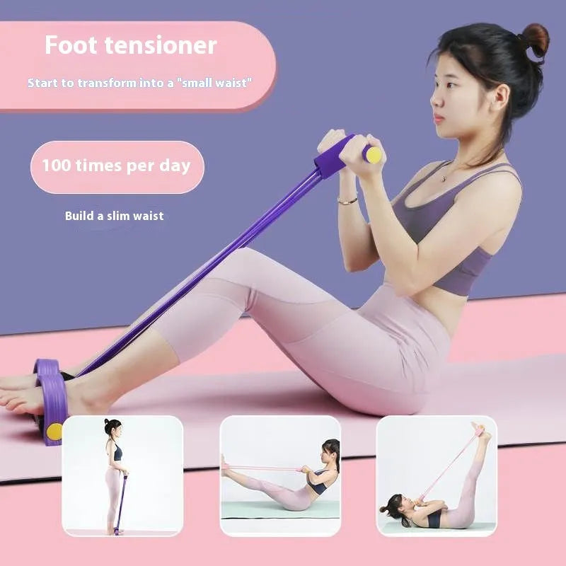 Four-piece yoga fitness set with leg stretcher, yoga ring, pedal puller, and figure-eight tension rope.