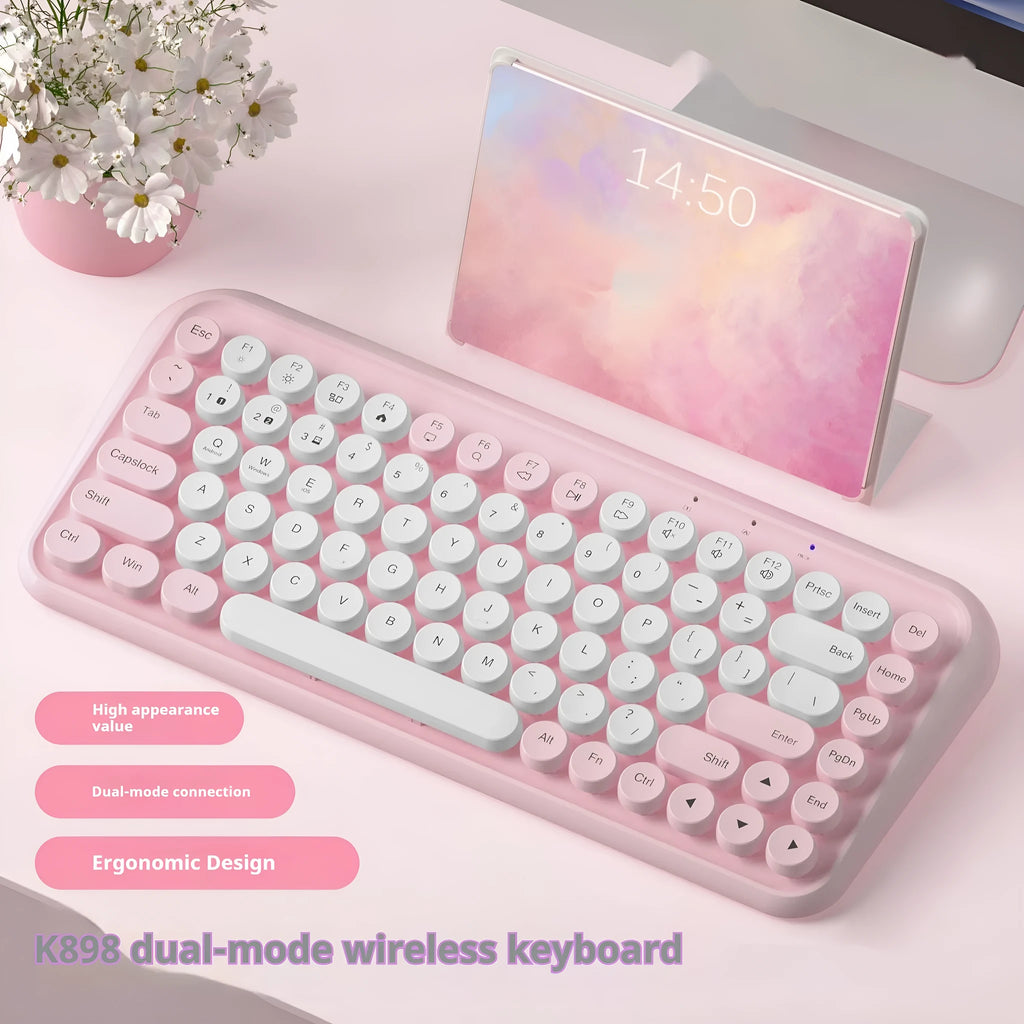 Pink dual-mode Bluetooth keyboard with mute function and 84-key compact layout