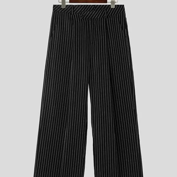 Men's black vertical striped pleated casual trousers with elastic waistband showing front detail
