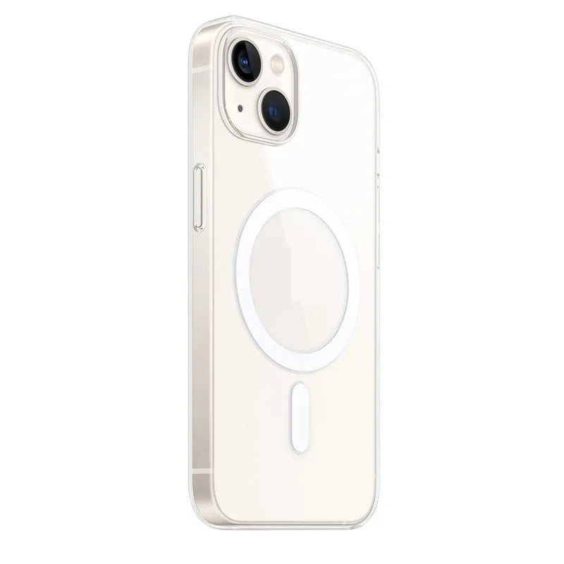 Transparent magnetic back cover phone case showing iPhone compatibility