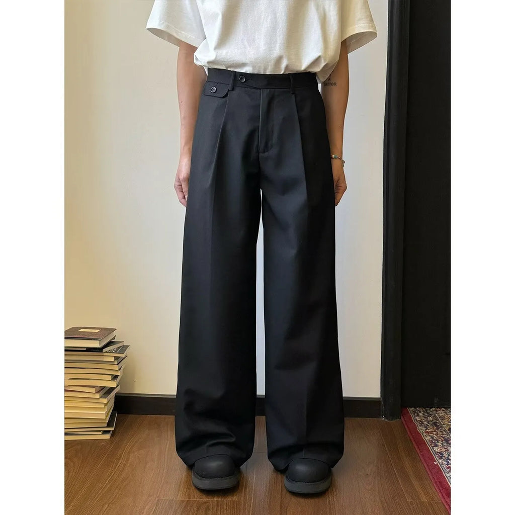 Men's straight-leg wide-leg casual suit pants in black and brown, loose drape fit