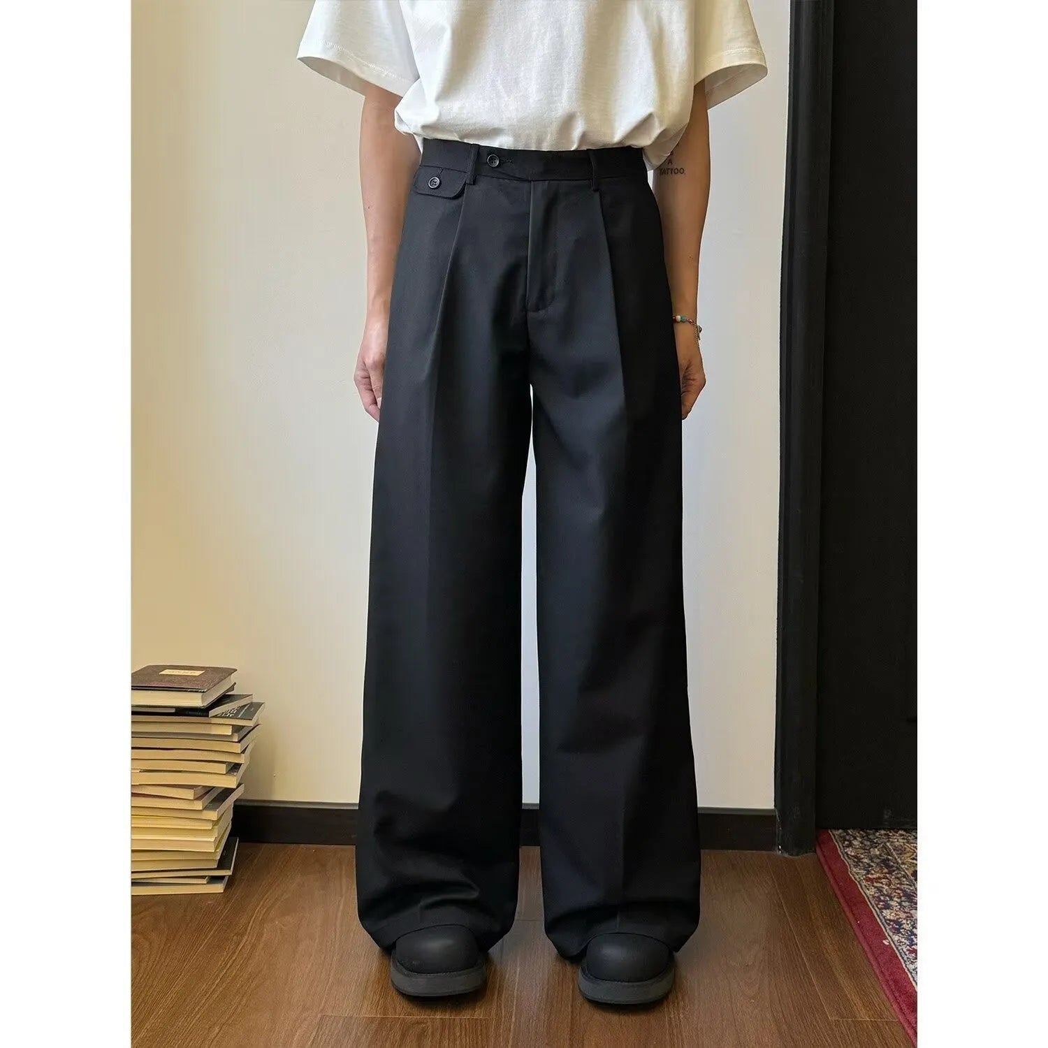 Men's straight-leg wide-leg casual suit pants in black and brown, loose drape fit