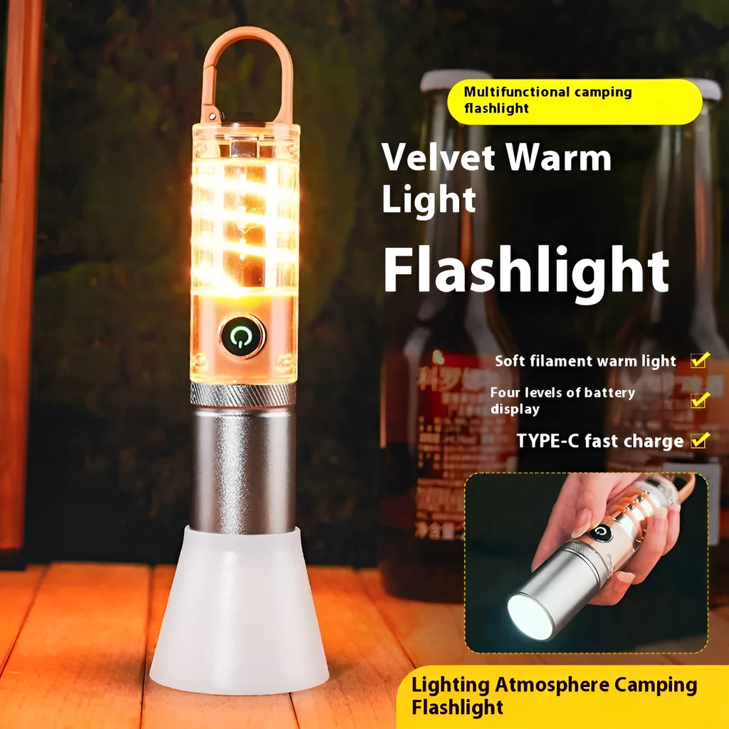 Orange 10W LED flashlight with optical zoom, dual light sources, hook and keychain accessories