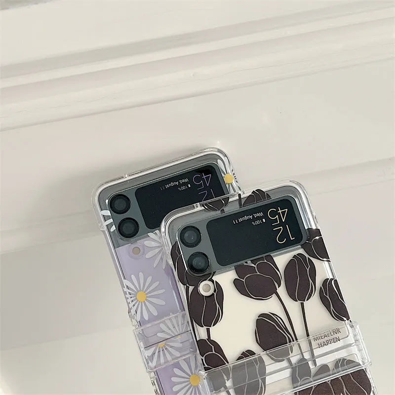 Floral phone case for Samsung Galaxy Z Flip with daisy or tulip patterns on PC material