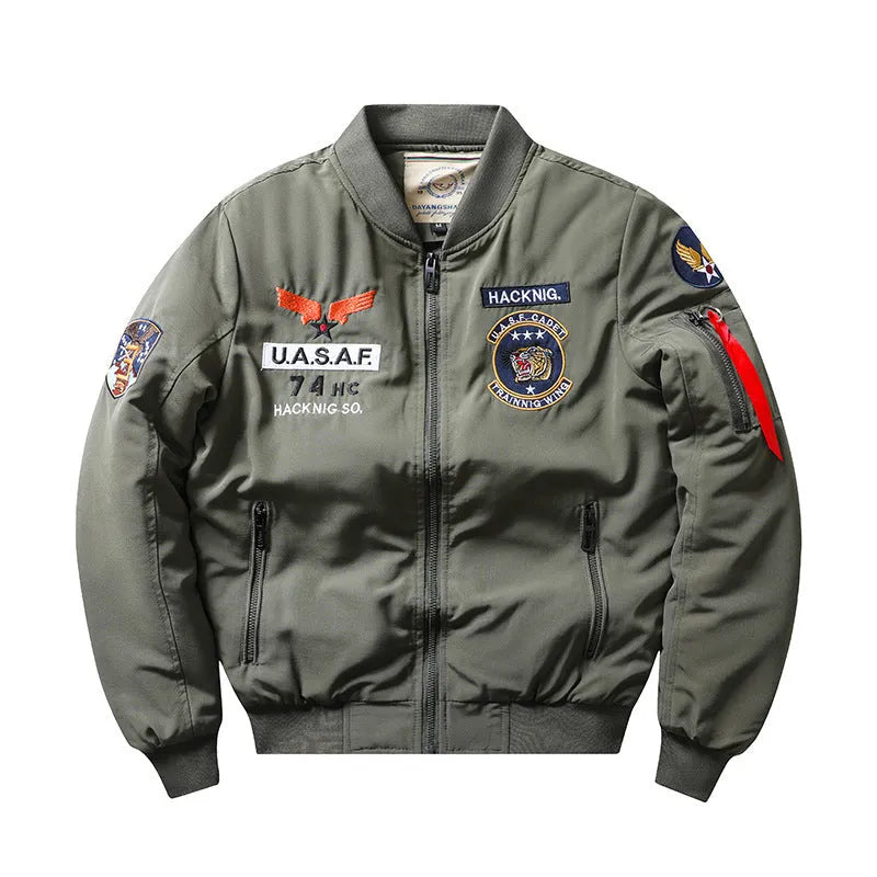 Men's retro Harley motorcycle cotton-padded coat with stand collar and embroidery in solid colour