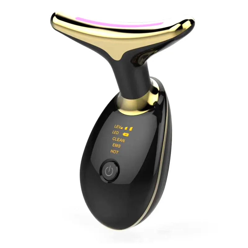EMS thermal neck lifting massager with three-colour LED lights and USB charging cable.